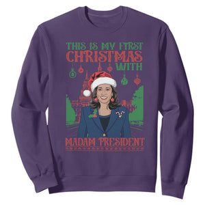 Xmas Kamala 2024 Sweatshirt This Is My First Christmas With Madam President TS09 Purple Print Your Wear