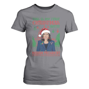 Xmas Kamala 2024 T Shirt For Women This Is My First Christmas With Madam President TS09 Charcoal Print Your Wear