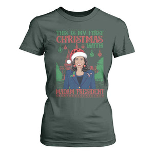 Xmas Kamala 2024 T Shirt For Women This Is My First Christmas With Madam President TS09 Dark Forest Green Print Your Wear