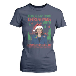 Xmas Kamala 2024 T Shirt For Women This Is My First Christmas With Madam President TS09 Navy Print Your Wear