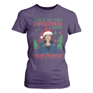 Xmas Kamala 2024 T Shirt For Women This Is My First Christmas With Madam President TS09 Purple Print Your Wear