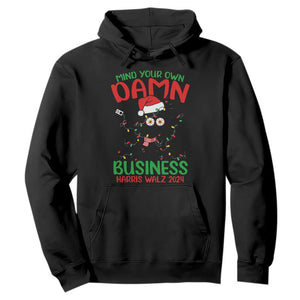 Christmas Harris Walz Hoodie Funny Santa Cat Mind Your Own Damn Business TS09 Black Print Your Wear