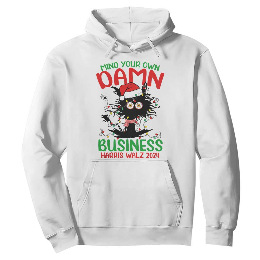 Christmas Harris Walz Hoodie Funny Santa Cat Mind Your Own Damn Business TS09 White Print Your Wear