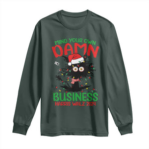 Christmas Harris Walz Long Sleeve Shirt Funny Santa Cat Mind Your Own Damn Business TS09 Dark Forest Green Print Your Wear