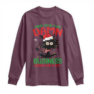 Christmas Harris Walz Long Sleeve Shirt Funny Santa Cat Mind Your Own Damn Business TS09 Maroon Print Your Wear