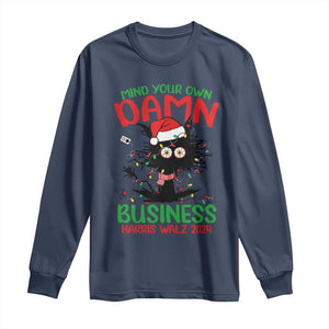 Christmas Harris Walz Long Sleeve Shirt Funny Santa Cat Mind Your Own Damn Business TS09 Navy Print Your Wear