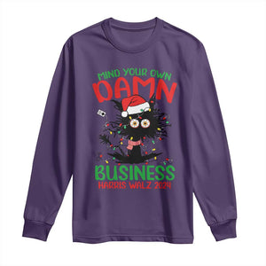 Christmas Harris Walz Long Sleeve Shirt Funny Santa Cat Mind Your Own Damn Business TS09 Purple Print Your Wear