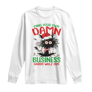 Christmas Harris Walz Long Sleeve Shirt Funny Santa Cat Mind Your Own Damn Business TS09 White Print Your Wear