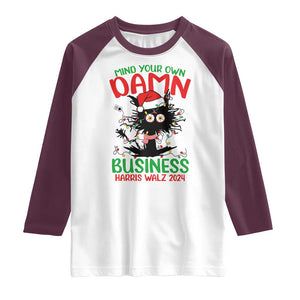 Christmas Harris Walz Raglan Shirt Funny Santa Cat Mind Your Own Damn Business TS09 White Maroon Print Your Wear