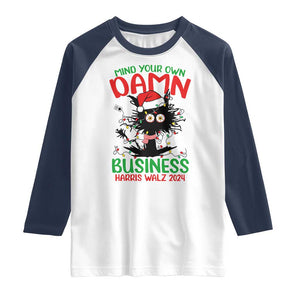 Christmas Harris Walz Raglan Shirt Funny Santa Cat Mind Your Own Damn Business TS09 White Navy Print Your Wear