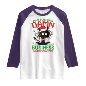 Christmas Harris Walz Raglan Shirt Funny Santa Cat Mind Your Own Damn Business TS09 White Purple Print Your Wear