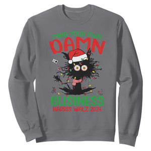 Christmas Harris Walz Sweatshirt Funny Santa Cat Mind Your Own Damn Business TS09 Charcoal Print Your Wear