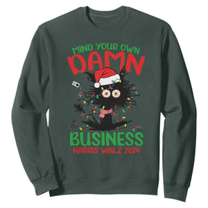 Christmas Harris Walz Sweatshirt Funny Santa Cat Mind Your Own Damn Business TS09 Dark Forest Green Print Your Wear