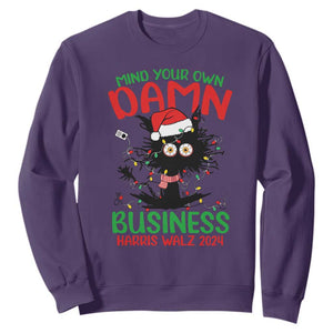 Christmas Harris Walz Sweatshirt Funny Santa Cat Mind Your Own Damn Business TS09 Purple Print Your Wear