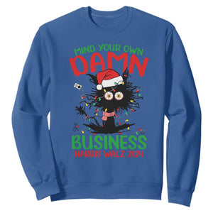 Christmas Harris Walz Sweatshirt Funny Santa Cat Mind Your Own Damn Business TS09 Royal Blue Print Your Wear