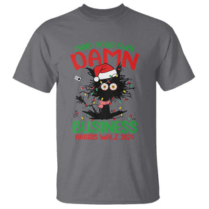 Christmas Harris Walz T Shirt Funny Santa Cat Mind Your Own Damn Business TS09 Charcoal Print Your Wear