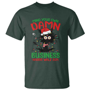 Christmas Harris Walz T Shirt Funny Santa Cat Mind Your Own Damn Business TS09 Dark Forest Green Print Your Wear