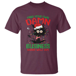 Christmas Harris Walz T Shirt Funny Santa Cat Mind Your Own Damn Business TS09 Maroon Print Your Wear