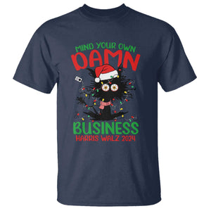 Christmas Harris Walz T Shirt Funny Santa Cat Mind Your Own Damn Business TS09 Navy Print Your Wear