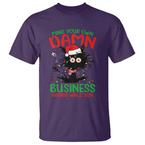 Christmas Harris Walz T Shirt Funny Santa Cat Mind Your Own Damn Business TS09 Purple Print Your Wear