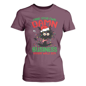 Christmas Harris Walz T Shirt For Women Funny Santa Cat Mind Your Own Damn Business TS09 Maroon Print Your Wear