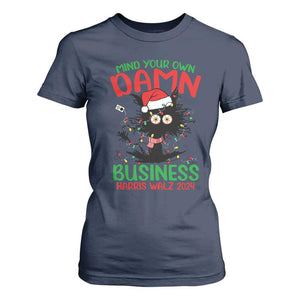 Christmas Harris Walz T Shirt For Women Funny Santa Cat Mind Your Own Damn Business TS09 Navy Print Your Wear