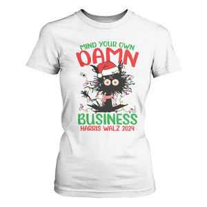 Christmas Harris Walz T Shirt For Women Funny Santa Cat Mind Your Own Damn Business TS09 White Print Your Wear