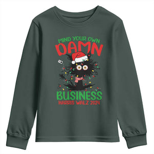 Christmas Harris Walz Youth Sweatshirt Funny Santa Cat Mind Your Own Damn Business TS09 Dark Forest Green Print Your Wear