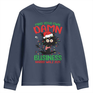 Christmas Harris Walz Youth Sweatshirt Funny Santa Cat Mind Your Own Damn Business TS09 Navy Print Your Wear