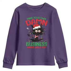 Christmas Harris Walz Youth Sweatshirt Funny Santa Cat Mind Your Own Damn Business TS09 Purple Print Your Wear