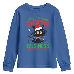 Christmas Harris Walz Youth Sweatshirt Funny Santa Cat Mind Your Own Damn Business TS09 Royal Blue Print Your Wear