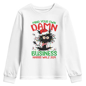 Christmas Harris Walz Youth Sweatshirt Funny Santa Cat Mind Your Own Damn Business TS09 White Print Your Wear