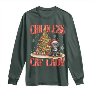 Christmas Childless Cat Lady Long Sleeve Shirt Funny Cat Christmas Light Tree TS09 Dark Forest Green Print Your Wear