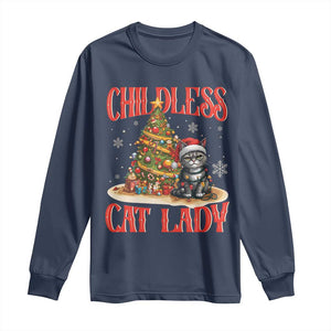 Christmas Childless Cat Lady Long Sleeve Shirt Funny Cat Christmas Light Tree TS09 Navy Print Your Wear