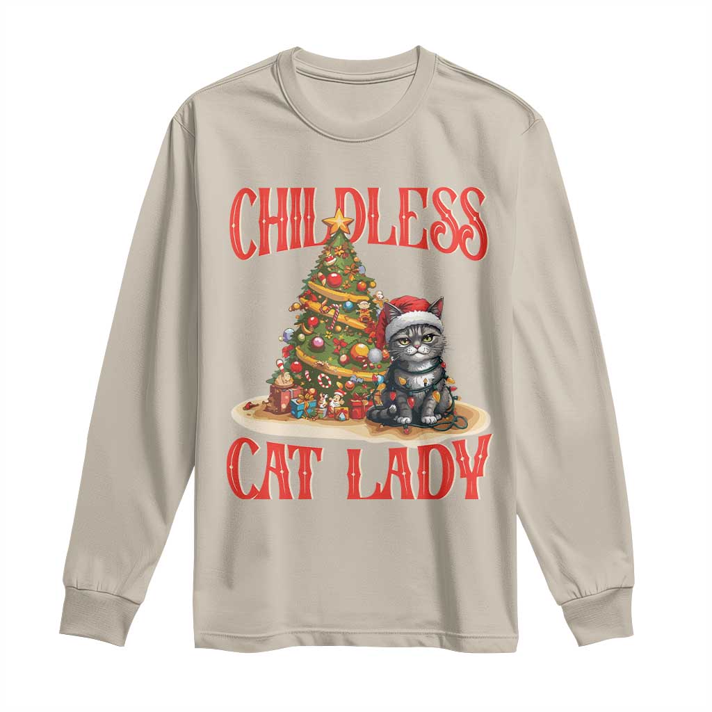 Christmas Childless Cat Lady Long Sleeve Shirt Funny Cat Christmas Light Tree TS09 Sand Print Your Wear