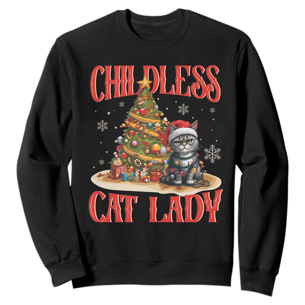 Christmas Childless Cat Lady Sweatshirt Funny Cat Christmas Light Tree TS09 Black Print Your Wear