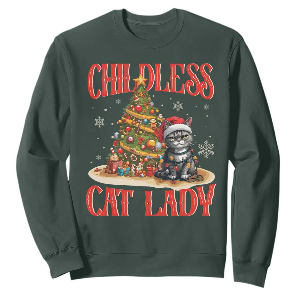 Christmas Childless Cat Lady Sweatshirt Funny Cat Christmas Light Tree TS09 Dark Forest Green Print Your Wear