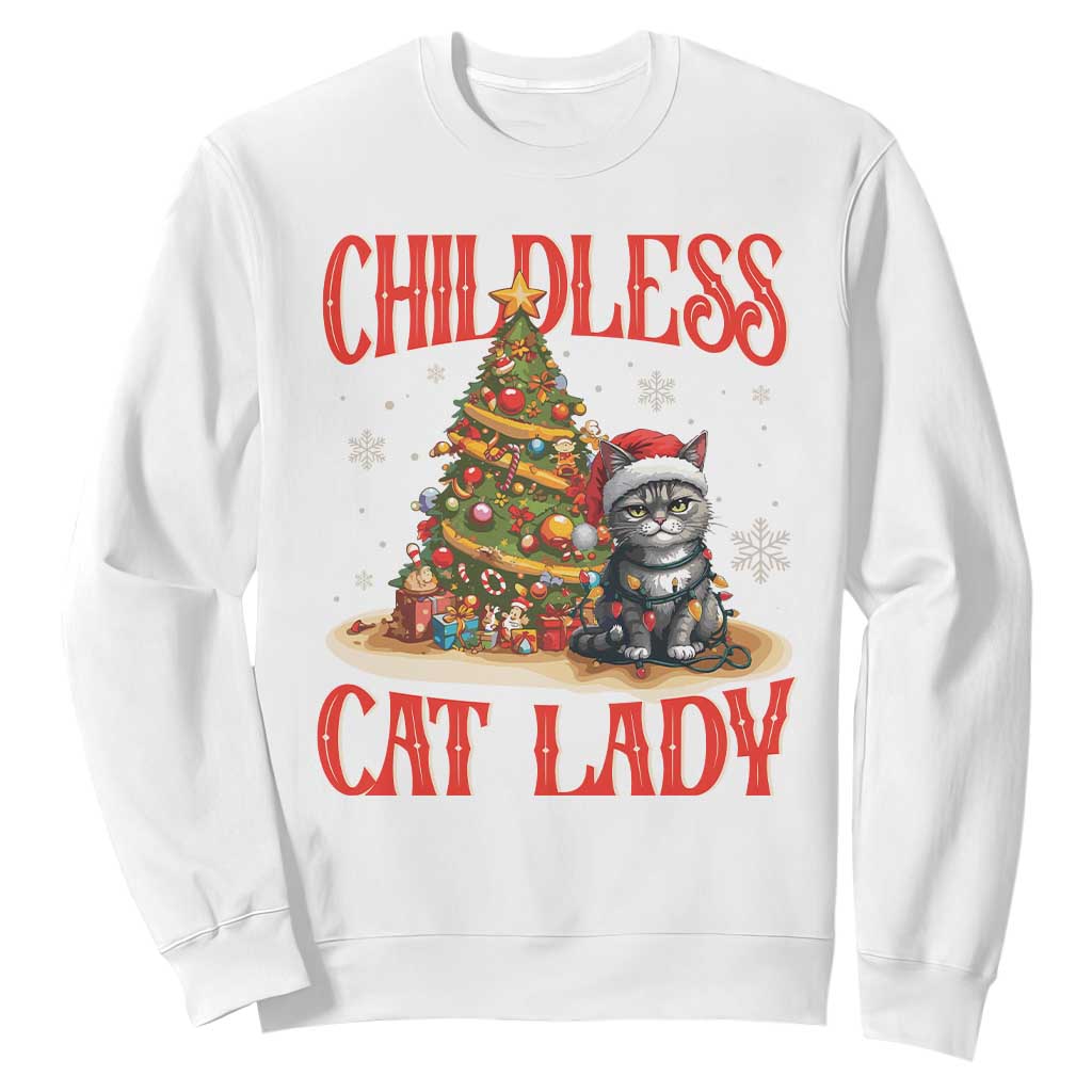 Christmas Childless Cat Lady Sweatshirt Funny Cat Christmas Light Tree TS09 White Print Your Wear