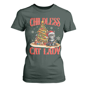 Christmas Childless Cat Lady T Shirt For Women Funny Cat Christmas Light Tree TS09 Dark Forest Green Print Your Wear