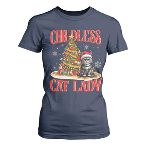 Christmas Childless Cat Lady T Shirt For Women Funny Cat Christmas Light Tree TS09 Navy Print Your Wear