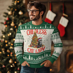 Xmas Childless Cat Lady Ugly Christmas Sweater Funny Cat Christmas Light Tree TS09 Green Print Your Wear