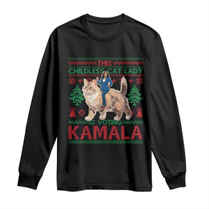 Christmas Childless Cat Lady For Kamala Long Sleeve Shirt Funny Santa Cat Voting Harris 2024 TS09 Black Print Your Wear