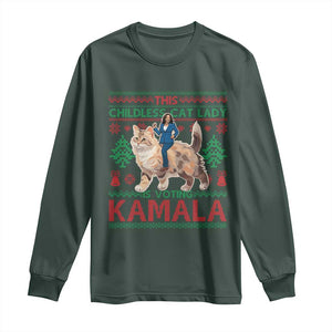 Christmas Childless Cat Lady For Kamala Long Sleeve Shirt Funny Santa Cat Voting Harris 2024 TS09 Dark Forest Green Print Your Wear