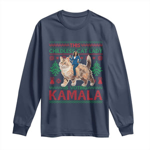 Christmas Childless Cat Lady For Kamala Long Sleeve Shirt Funny Santa Cat Voting Harris 2024 TS09 Navy Print Your Wear