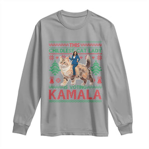 Christmas Childless Cat Lady For Kamala Long Sleeve Shirt Funny Santa Cat Voting Harris 2024 TS09 Sport Gray Print Your Wear