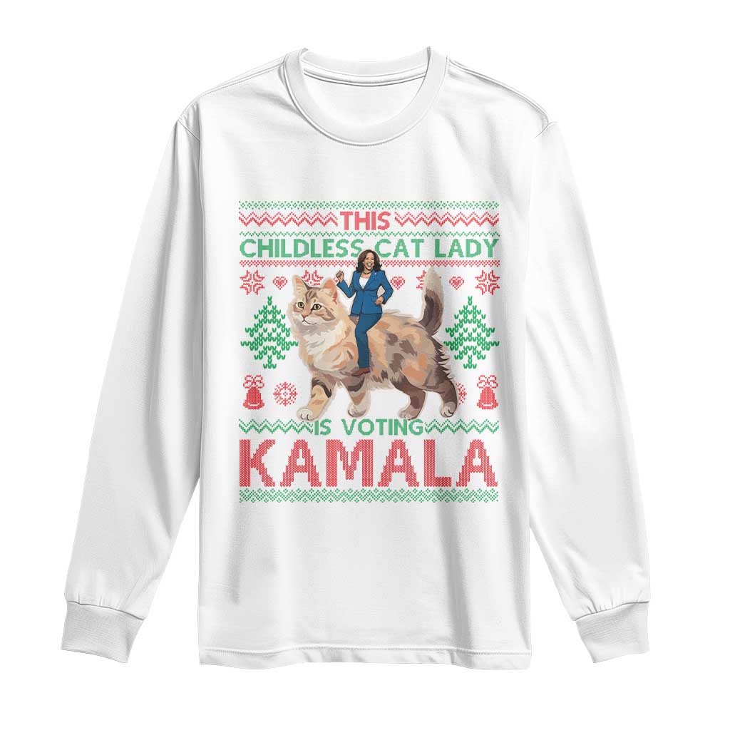 Christmas Childless Cat Lady For Kamala Long Sleeve Shirt Funny Santa Cat Voting Harris 2024 TS09 White Print Your Wear