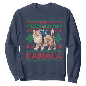 Christmas Childless Cat Lady For Kamala Sweatshirt Funny Santa Cat Voting Harris 2024 TS09 Navy Print Your Wear