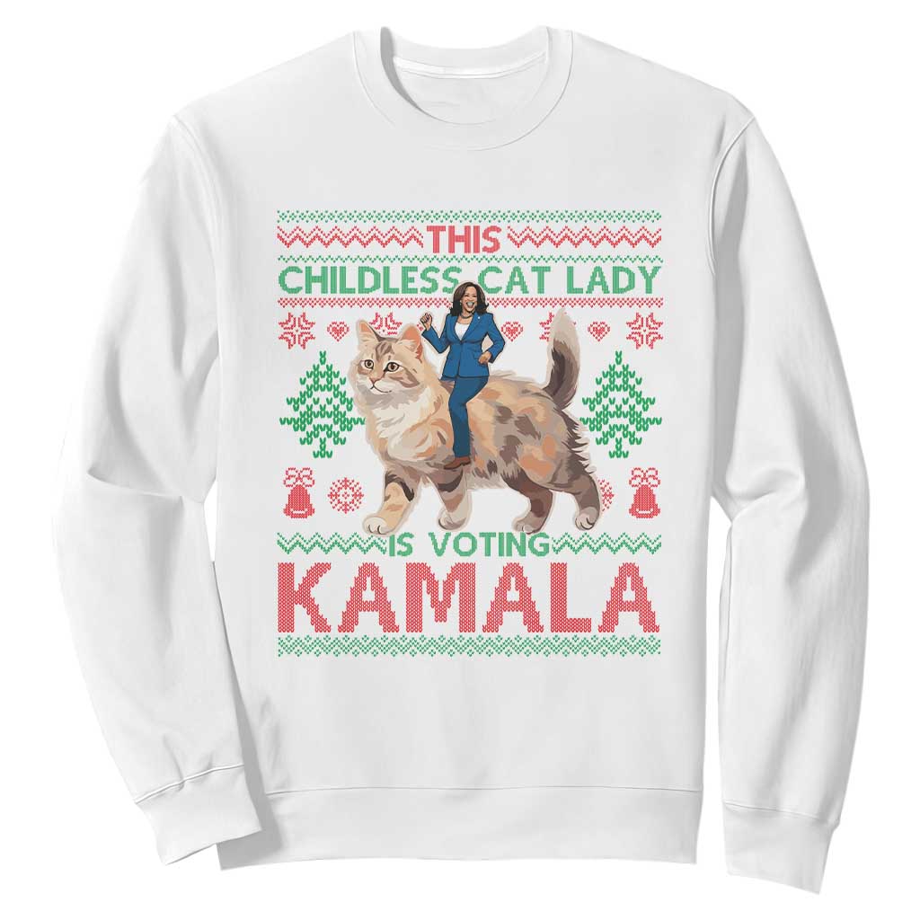 Christmas Childless Cat Lady For Kamala Sweatshirt Funny Santa Cat Voting Harris 2024 TS09 White Print Your Wear