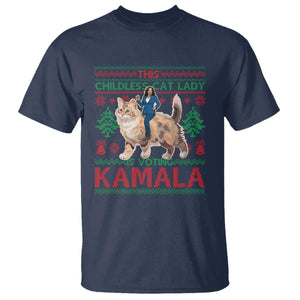 Christmas Childless Cat Lady For Kamala T Shirt Funny Santa Cat Voting Harris 2024 TS09 Navy Print Your Wear