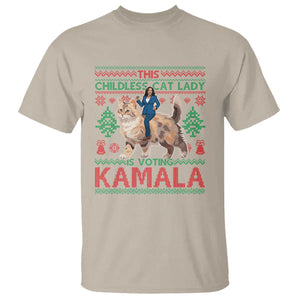 Christmas Childless Cat Lady For Kamala T Shirt Funny Santa Cat Voting Harris 2024 TS09 Sand Print Your Wear